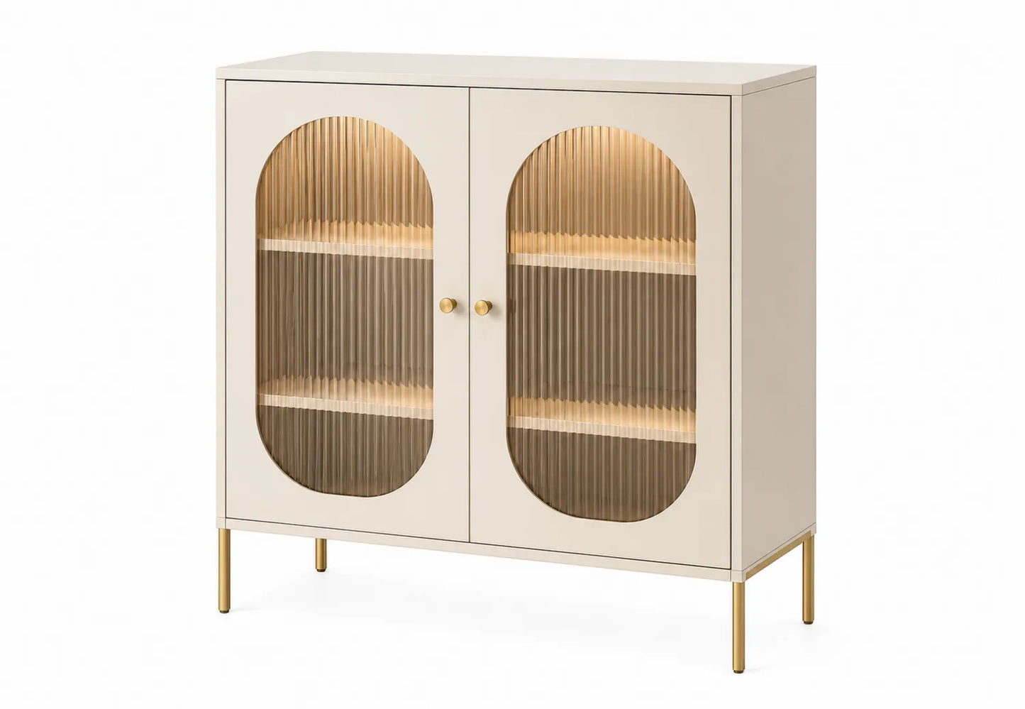 Credenza in Legno con Ante in Vetro e Strutture Dorate, Crema, 90x40x110 cm
