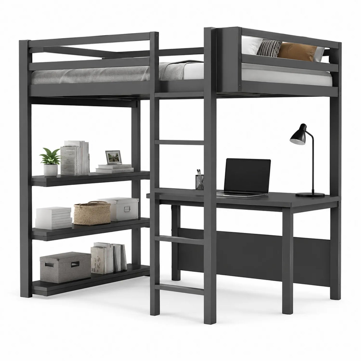 Letto a Soppalco in Legno Grigio con Scrivania e Scaffale