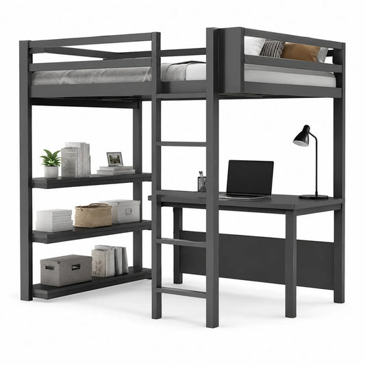 Letto a Soppalco in Legno Grigio con Scrivania e Scaffale