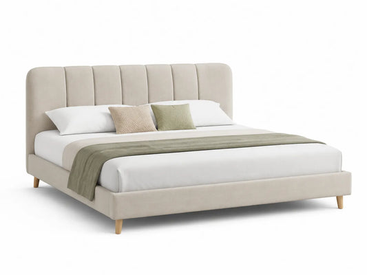 Letto matrimoniale imbottito in tessuto con piedi in legno