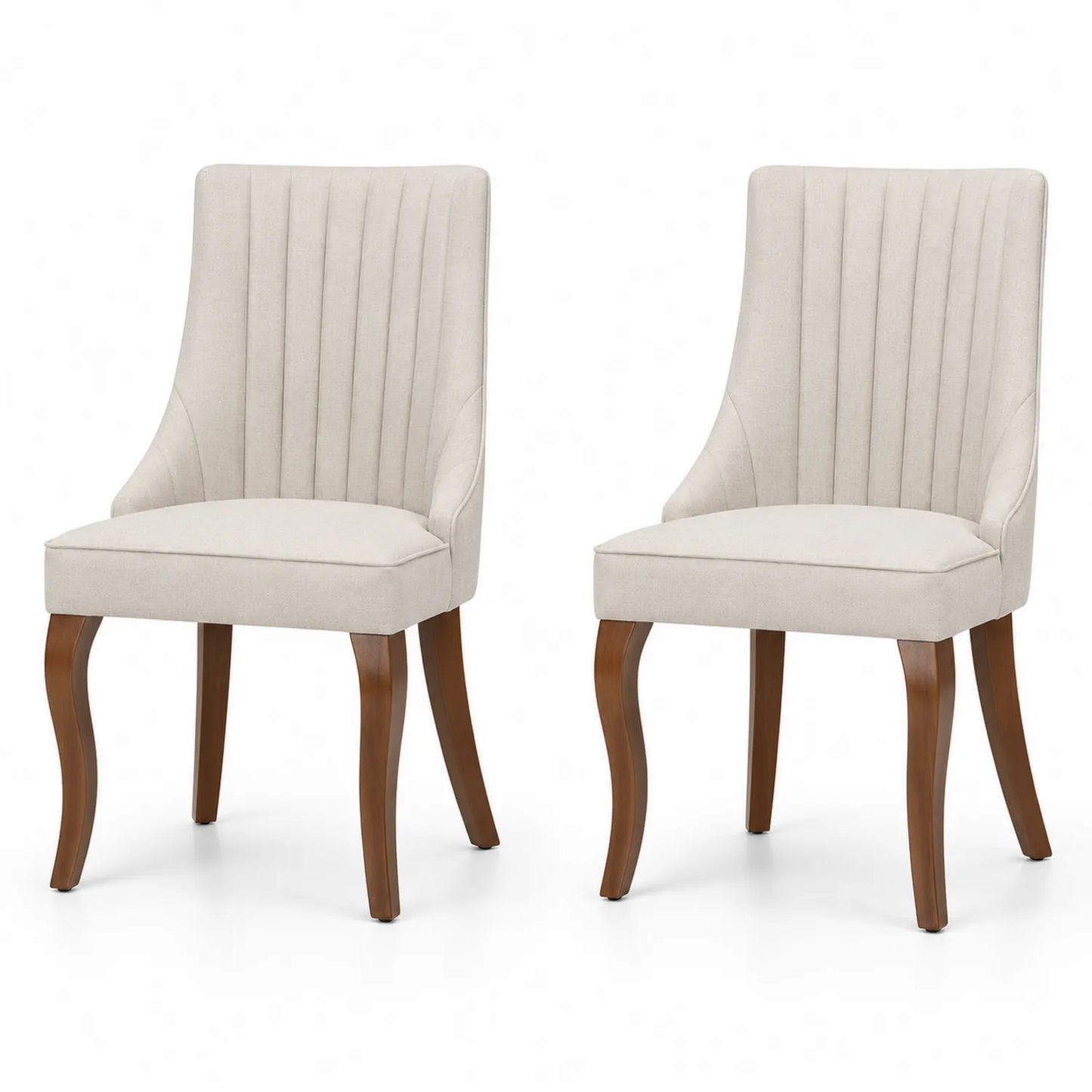 Set di 2 Sedie da Pranzo in Tessuto Beige con Gambe in Legno Massello