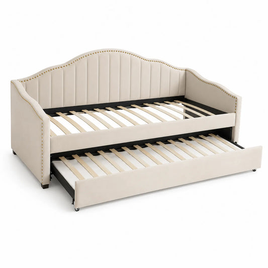 Letto estraibile imbottito in legno e tessuto Beige