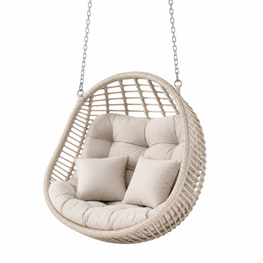Sedia a Dondolo Sospesa in Rattan con Cuscini Beige
