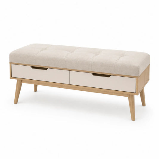Panca imbottita in legno e tessuto beige con cassetti