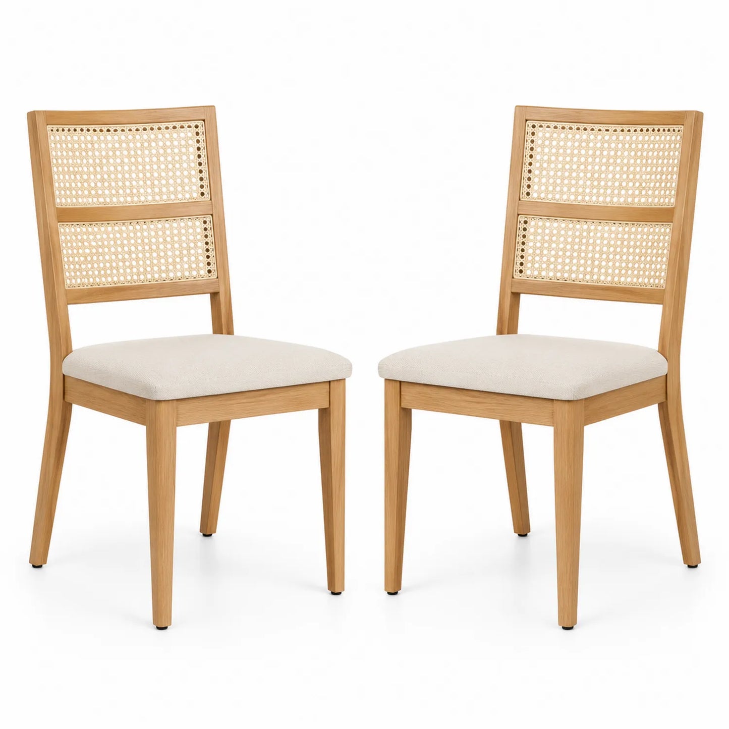 Set di 2 Sedie da Pranzo in Legno con Schienale in Rattan e Seduta in Tessuto Beige