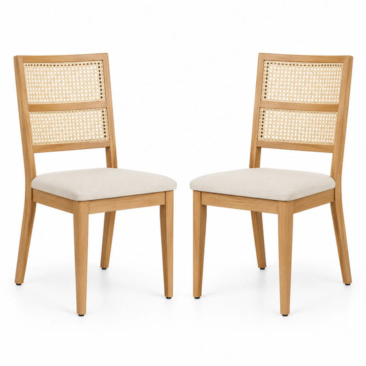 Set di 2 Sedie da Pranzo in Legno con Schienale in Rattan e Seduta in Tessuto Beige