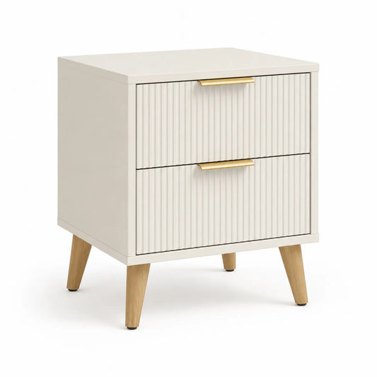 Comodino due cassetti MDF bianco con gambe in legno