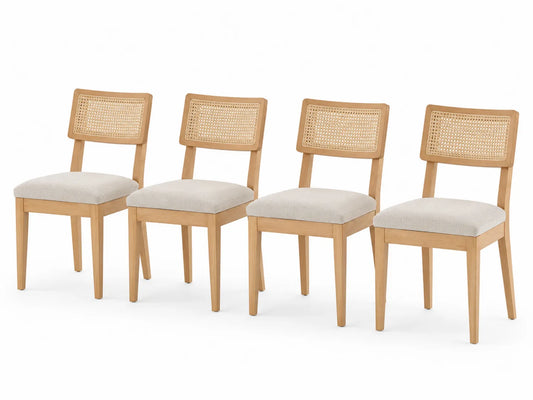 Set di 4 Sedie in Legno e Rattan Imbottito Beige