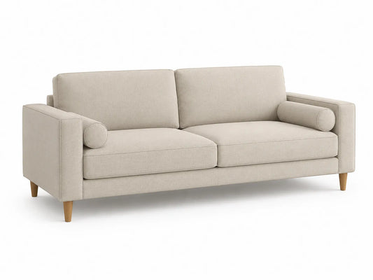 Divano tessuto beige con gambe in legno