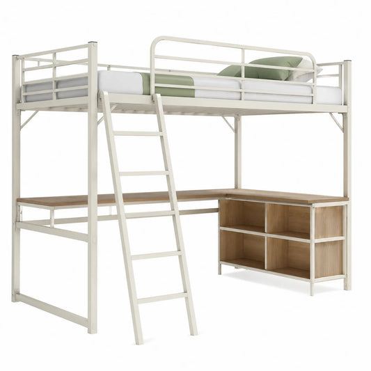 Letto a soppalco in metallo con scrivania e libreria in legno MDF, Bianco e Legno chiaro
