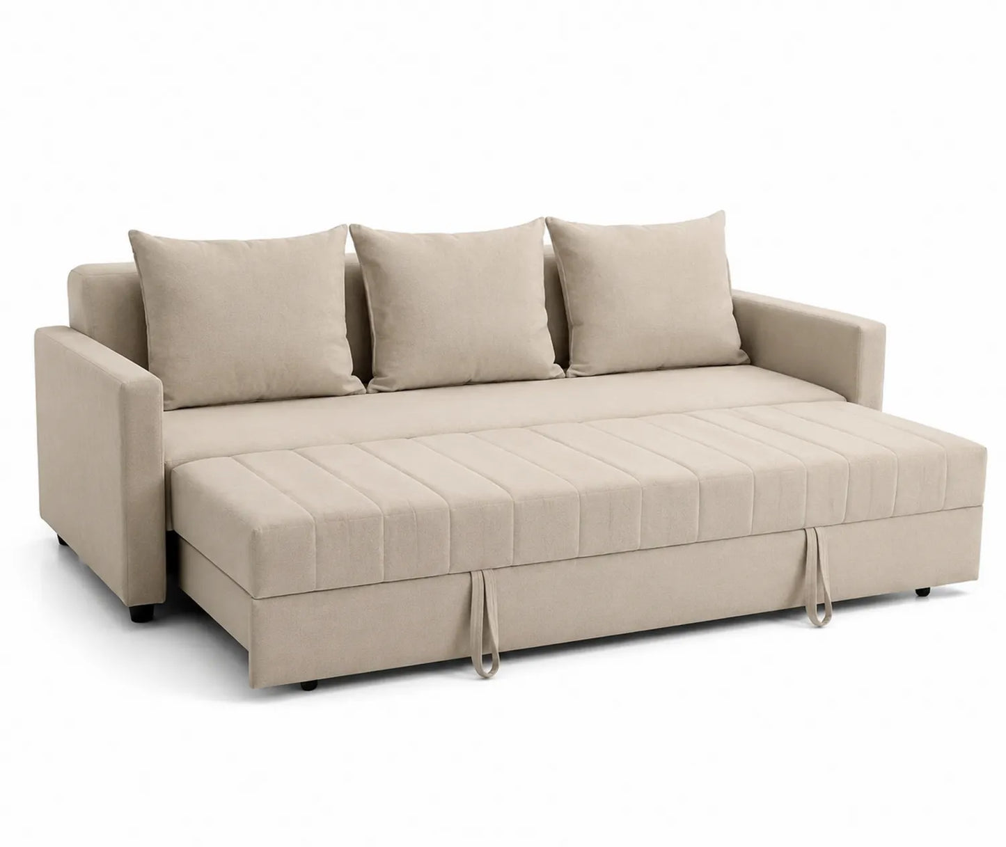 Divano letto in tessuto beige con cuscini rimovibili