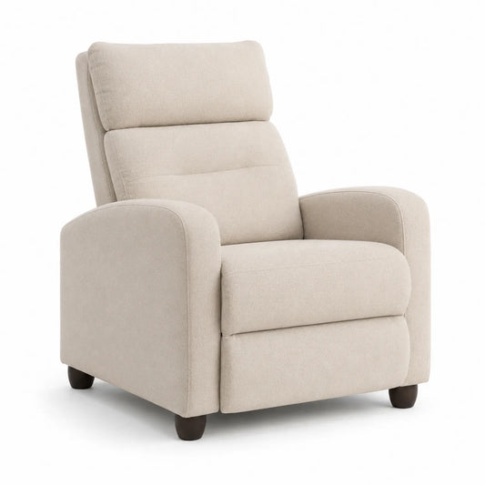 Poltrona reclinabile in tessuto beige con struttura in legno