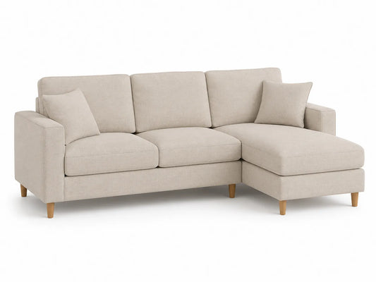 Divano angolare 3 posti in tessuto beige con chaise longue