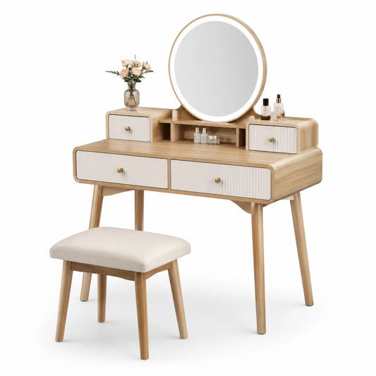 Tavolo da Trucco in Legno con Specchio e Sgabello, 4 Cassetti