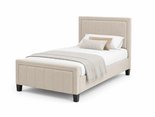 Letto Singolo in Tessuto Beige con Struttura in Legno