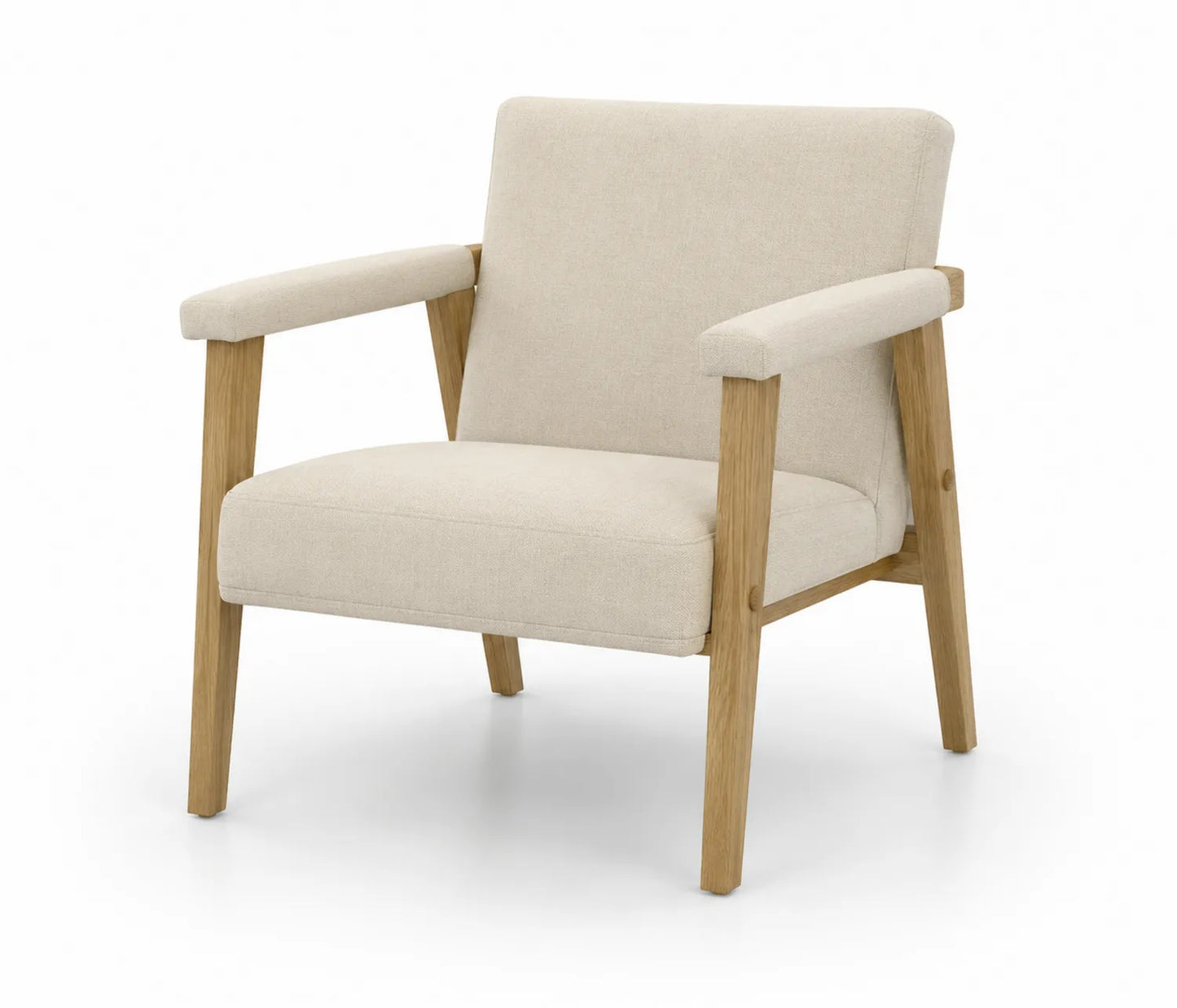 Poltrona in tessuto beige con struttura in legno