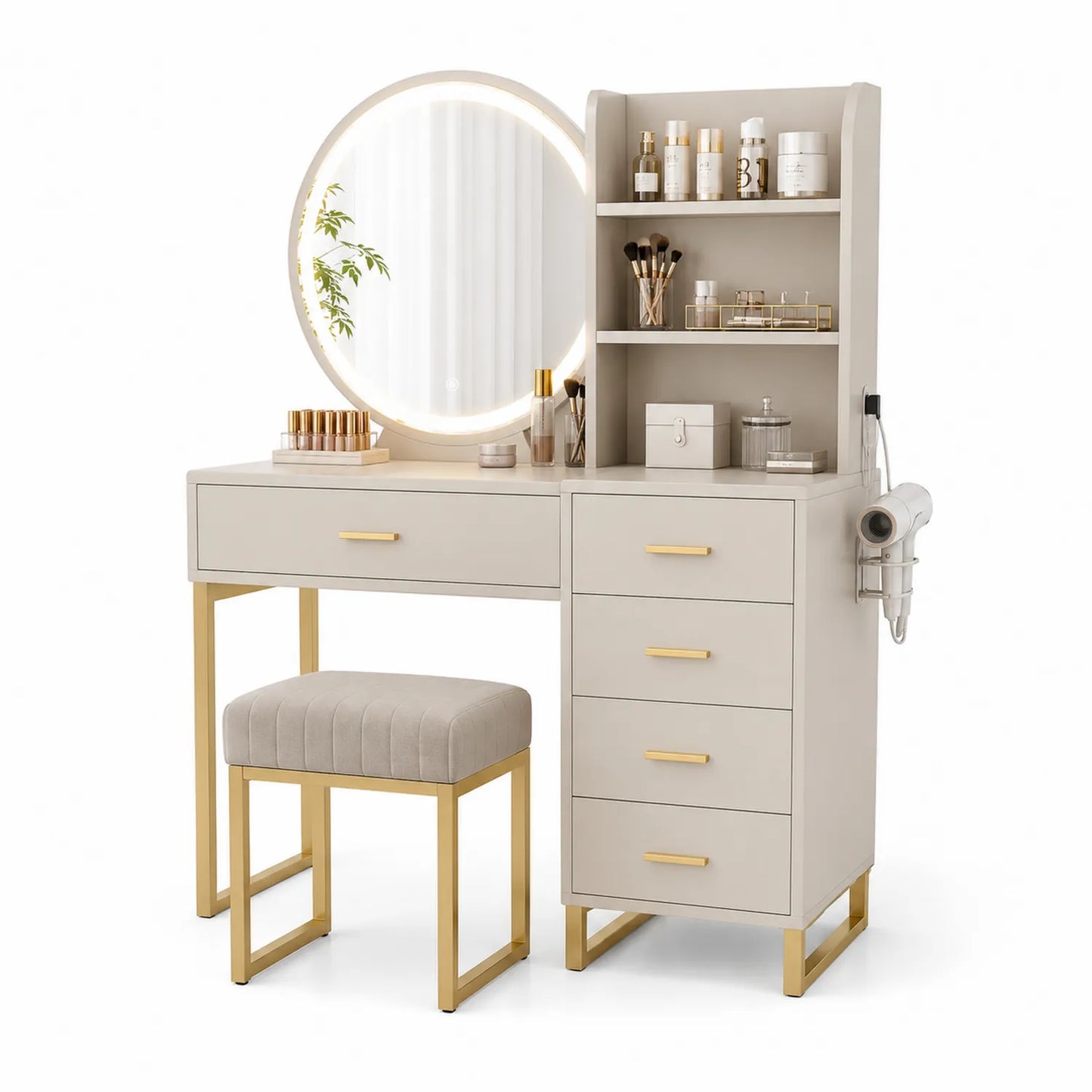 Toeletta in MDF con Specchio Tondo LED e Sgabello, 4 Cassetti, Bianco/Oro