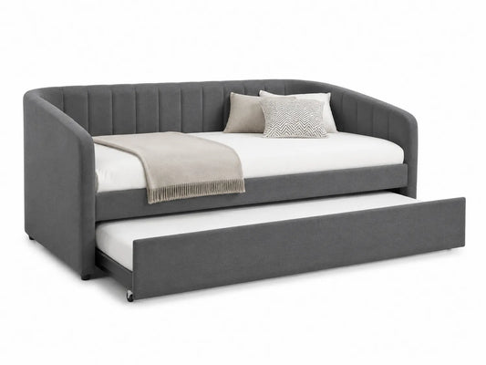 Divano Letto in Tessuto Grigio con Cassetto Estraibile