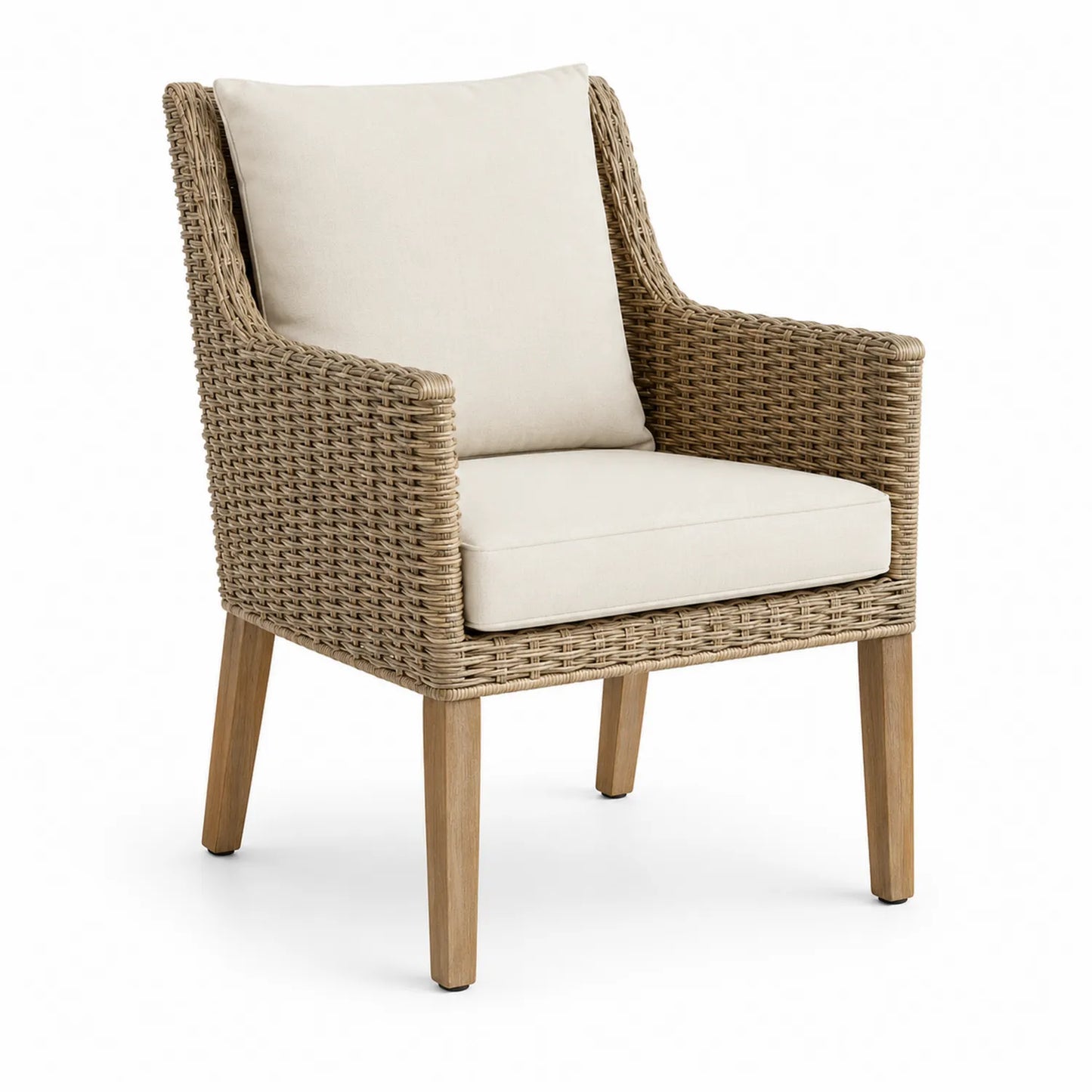 Poltrona da esterno in resina intrecciata con gambe in legno e cuscini in poliestere beige