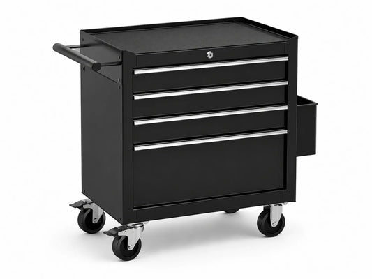 Carrello porta attrezzi in acciaio nero con cassetti e ruote