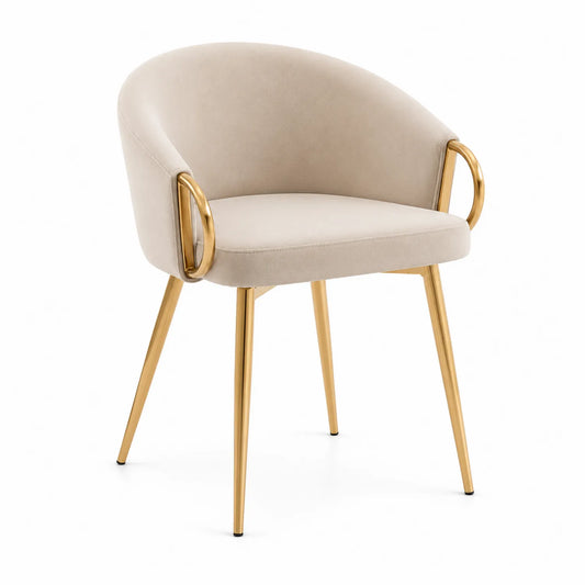 Sedia da pranzo in velluto beige con gambe in metallo dorato