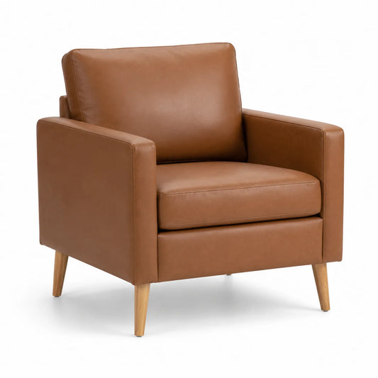 Poltrona in Pelle con Gambe in Legno, Marrone
