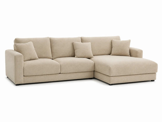 Divano ad angolo in tessuto poliestere beige con chaise longue